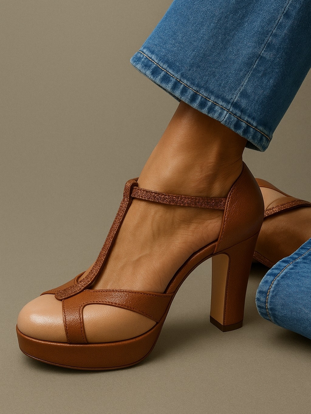 N.I.B. Vintage-Inspired Two-Tone Brown & Beige T-Strap Platform Block Heels